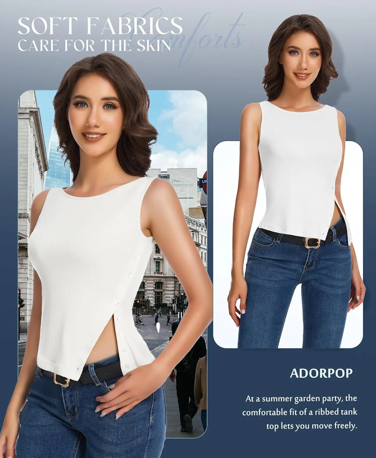 Womens Ribbed Tank Tops - 2025 Summer Sleeveless Vest Crew Neck Side Button Asymmetrical Casual Basic Shirts