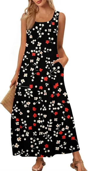 Women's Round Neck Sleeveless Loose Summer Beach Vest Dress with Casual Print 2025 Maxi Sundress