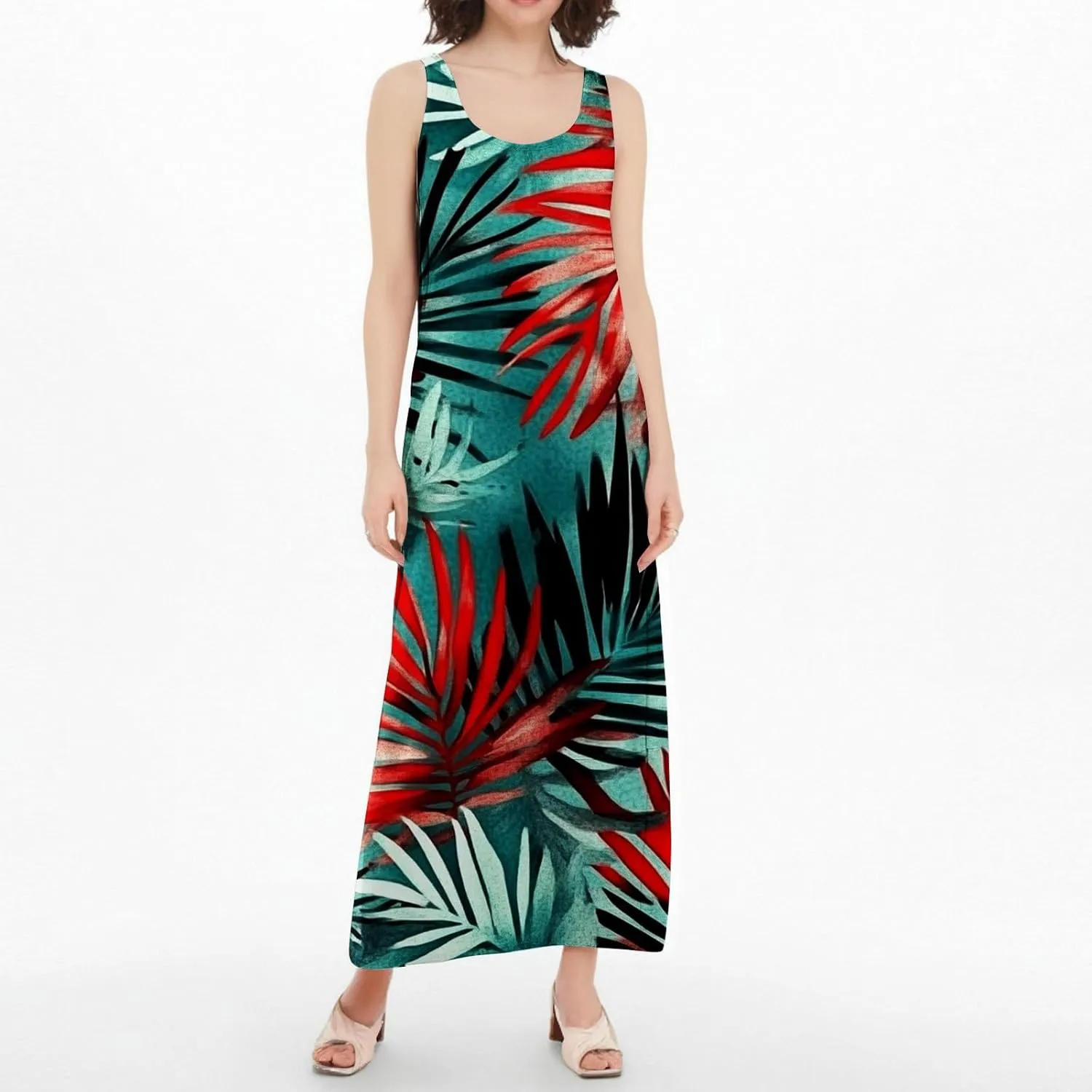 Women's Round Neck Sleeveless Loose Summer Beach Vest Dress with Casual Print 2025 Maxi Sundress