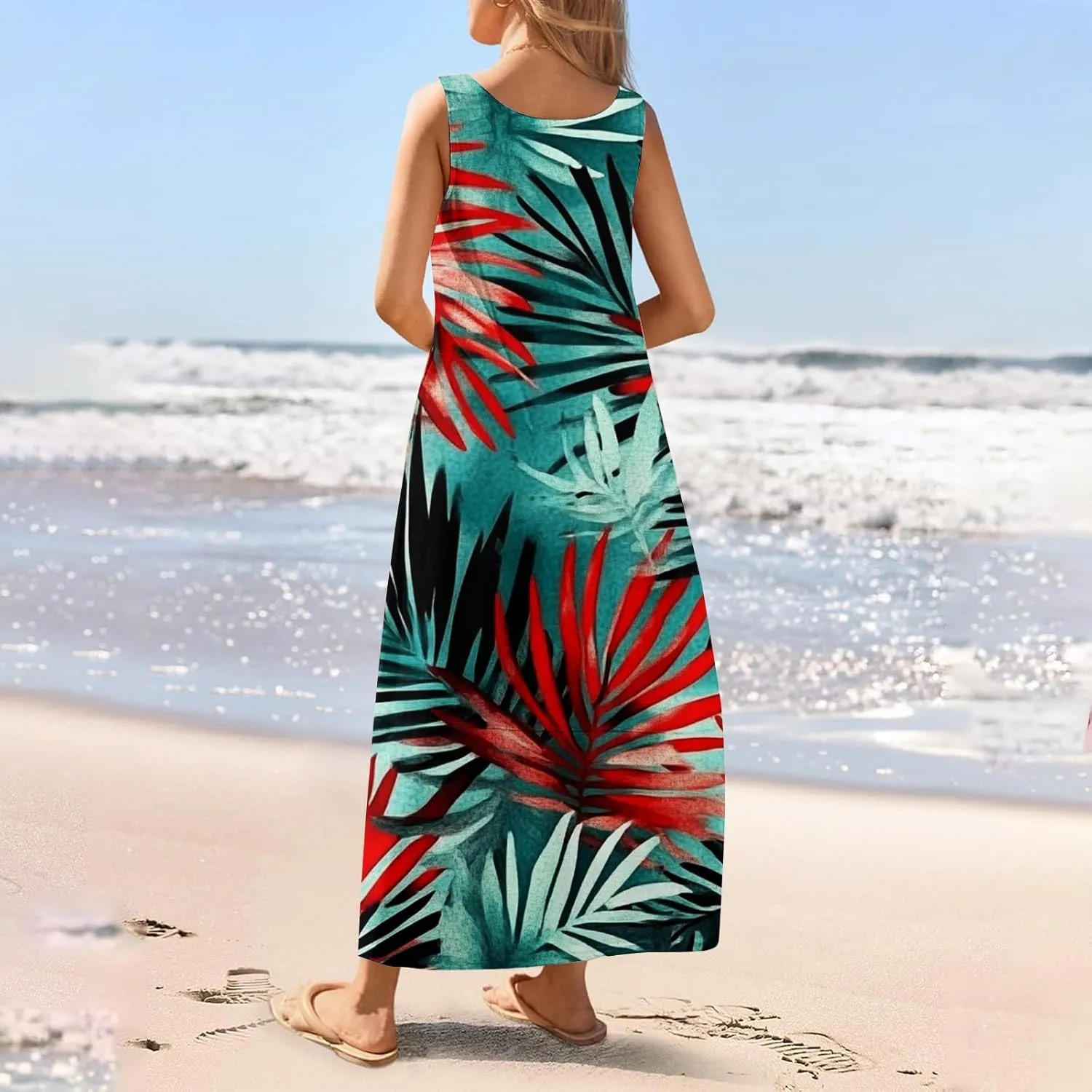 Women's Round Neck Sleeveless Loose Summer Beach Vest Dress with Casual Print 2025 Maxi Sundress