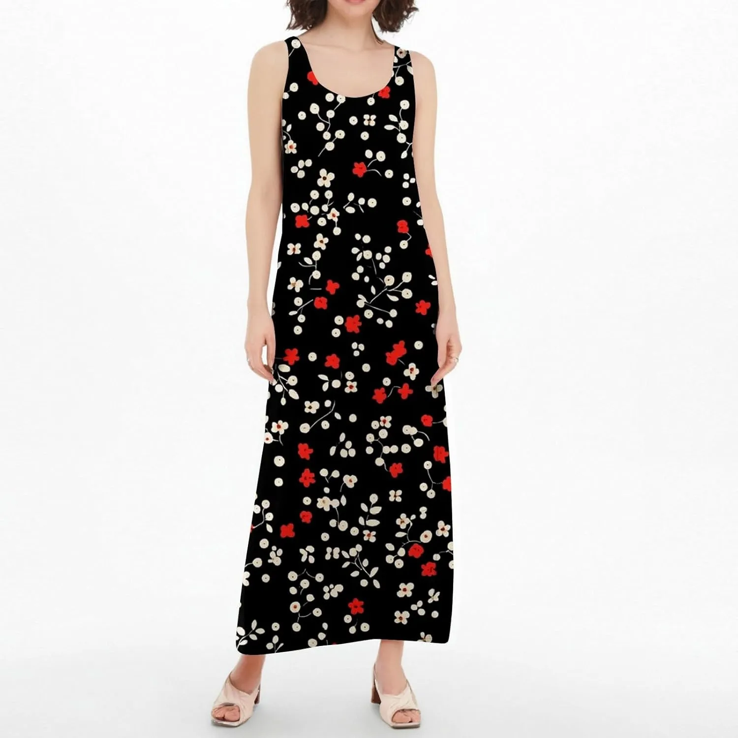 Women's Round Neck Sleeveless Loose Summer Beach Vest Dress with Casual Print 2025 Maxi Sundress