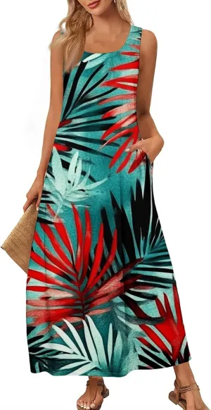 Women's Round Neck Sleeveless Loose Summer Beach Vest Dress with Casual Print 2025 Maxi Sundress