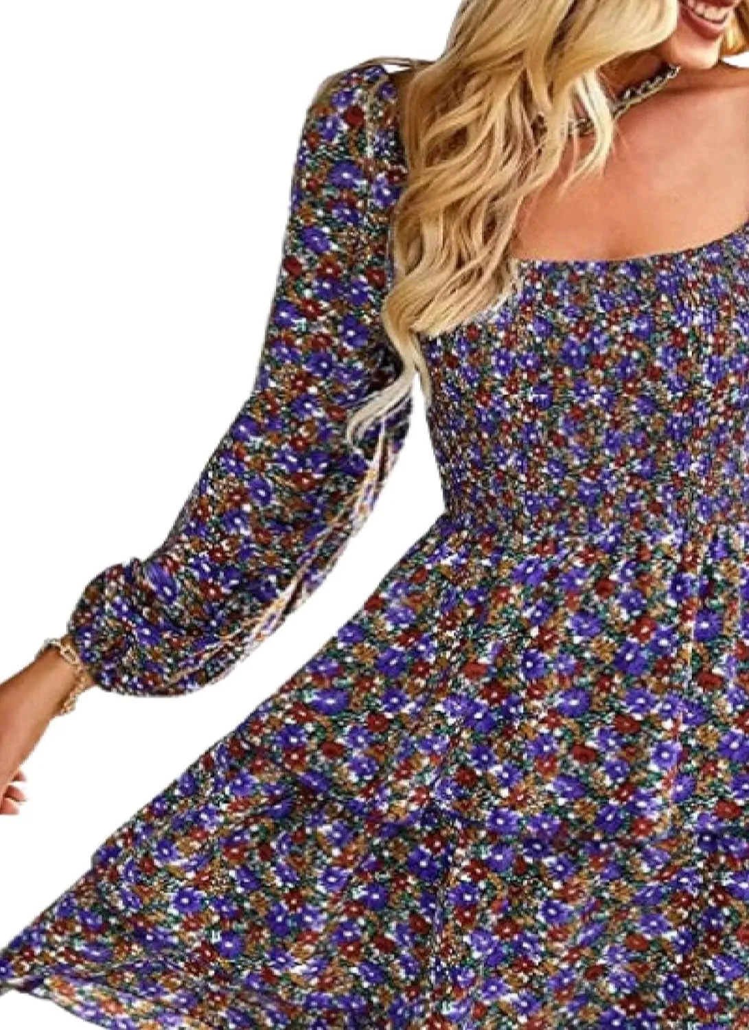 Womens Ruffle Mini Dress Long Puff Sleeve Floral Square Neck Pleated A-Line Dress Casual Spring Layered Swing Dresses