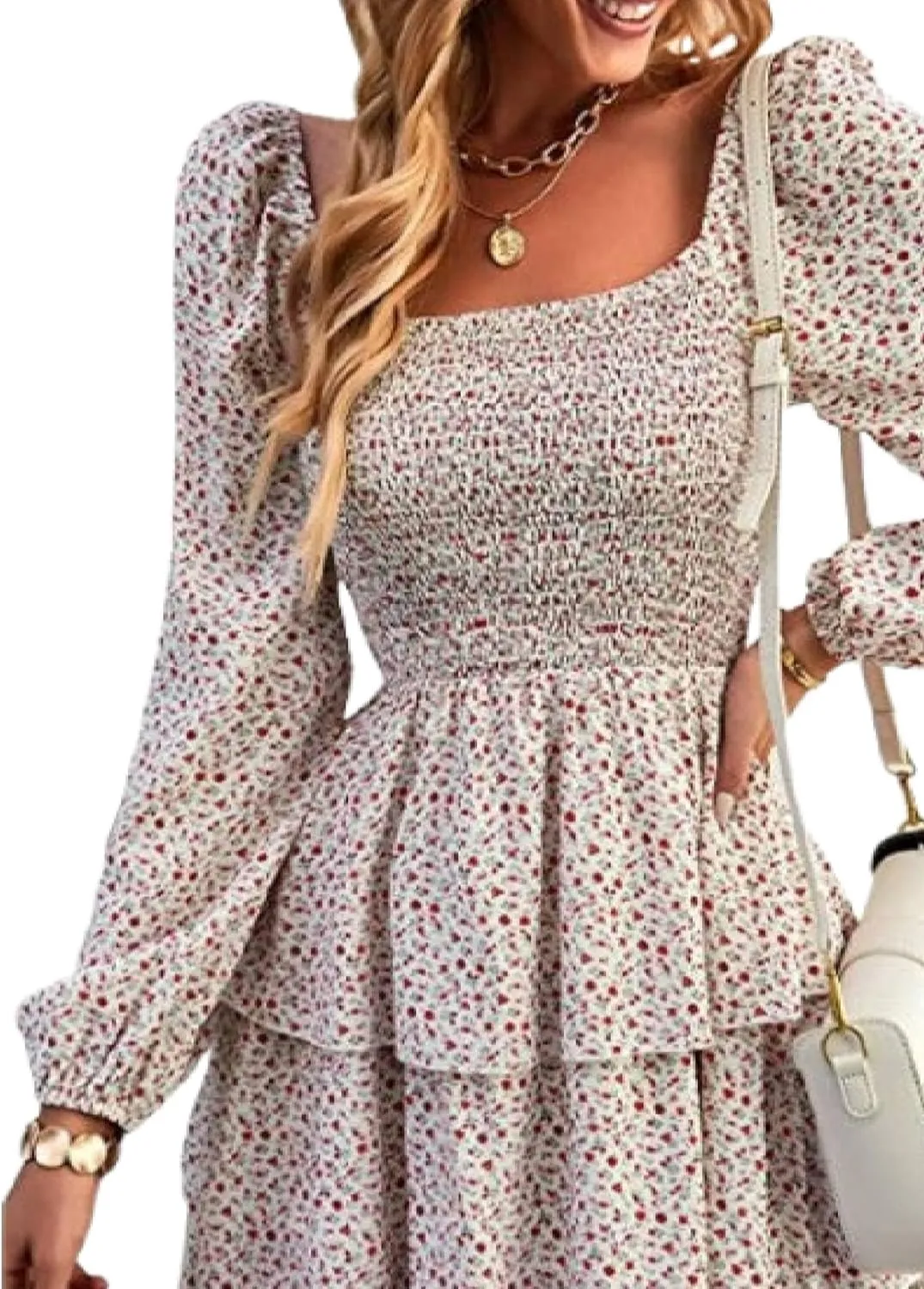 Womens Ruffle Mini Dress Long Puff Sleeve Floral Square Neck Pleated A-Line Dress Casual Spring Layered Swing Dresses