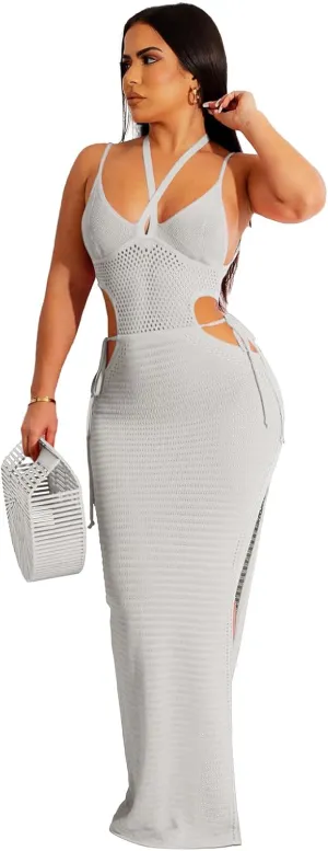 Women's Sexy Sleeveless Transparent Camisole Dress, Charming lace Backless Outfit, Tassel Knit Dress, Nightclub bar
