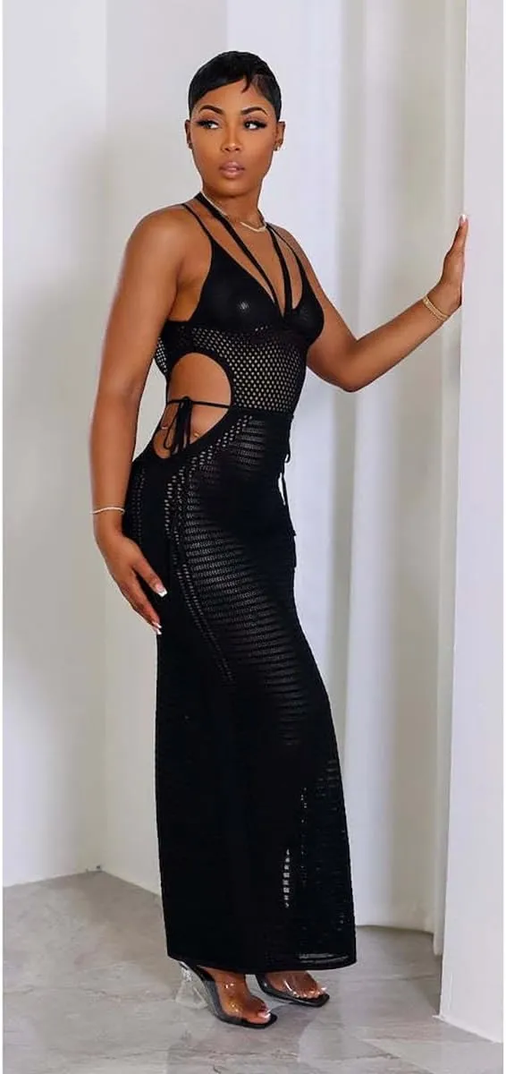 Women's Sexy Sleeveless Transparent Camisole Dress, Charming lace Backless Outfit, Tassel Knit Dress, Nightclub bar