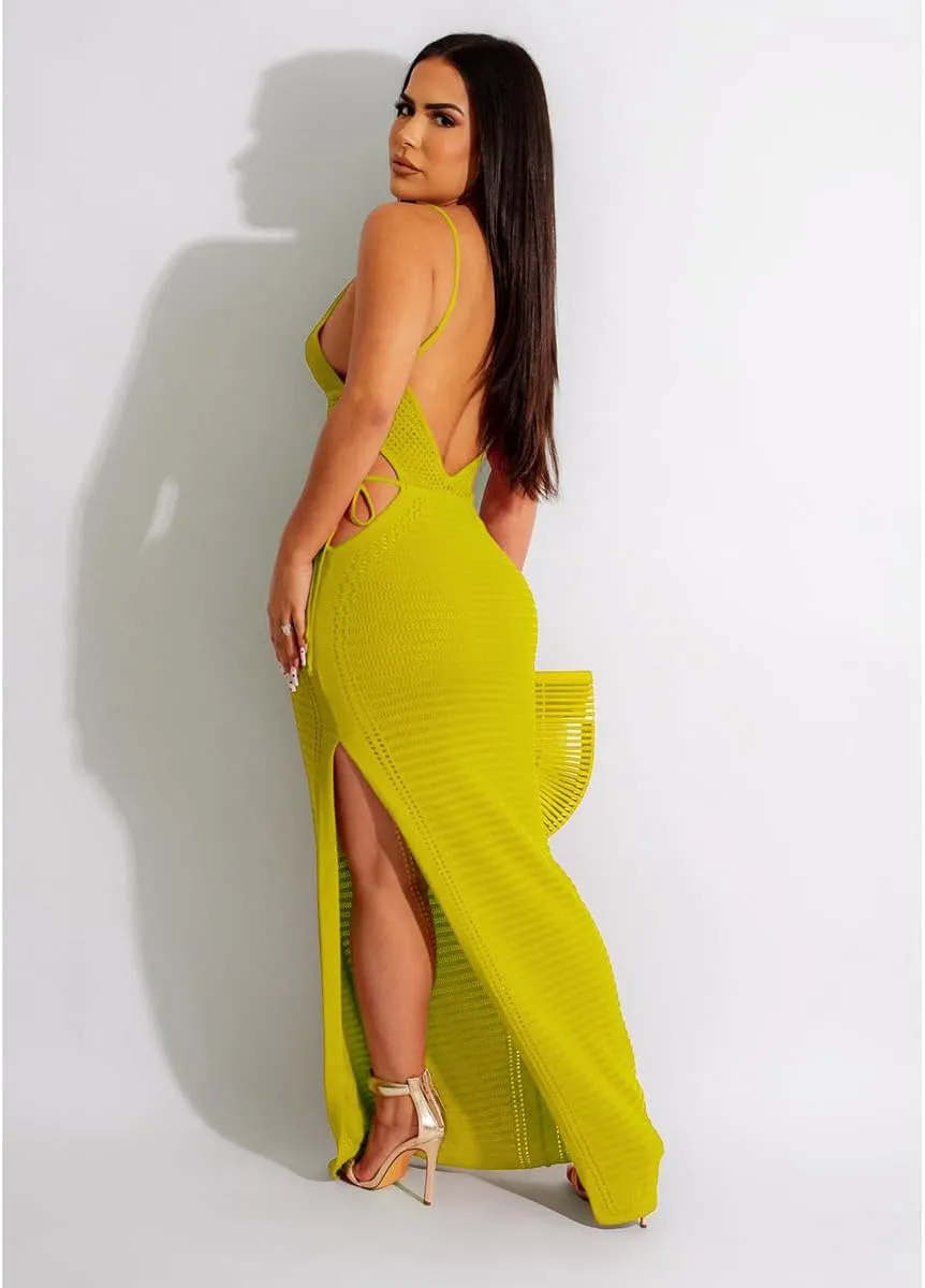Women's Sexy Sleeveless Transparent Camisole Dress, Charming lace Backless Outfit, Tassel Knit Dress, Nightclub bar