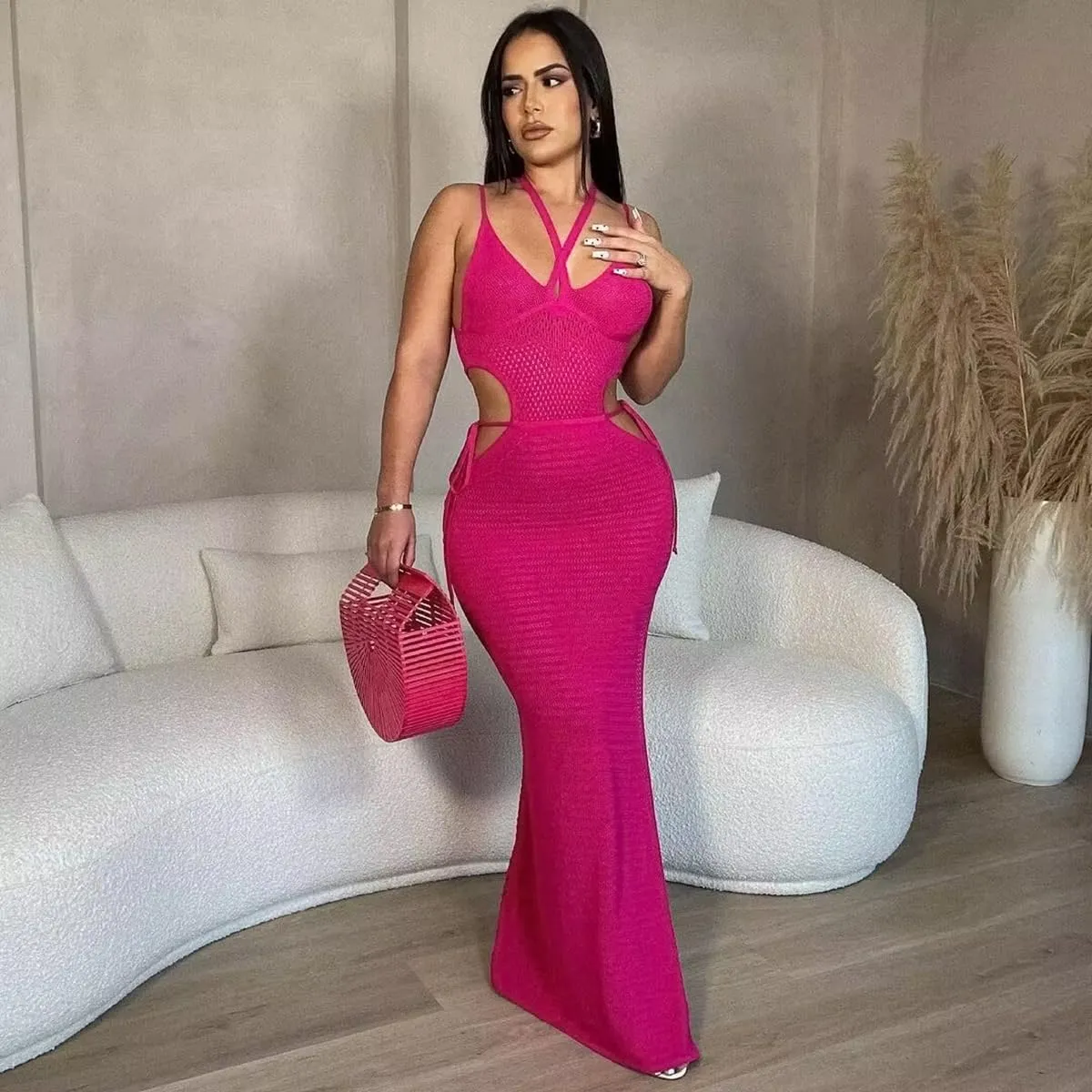 Women's Sexy Sleeveless Transparent Camisole Dress, Charming lace Backless Outfit, Tassel Knit Dress, Nightclub bar