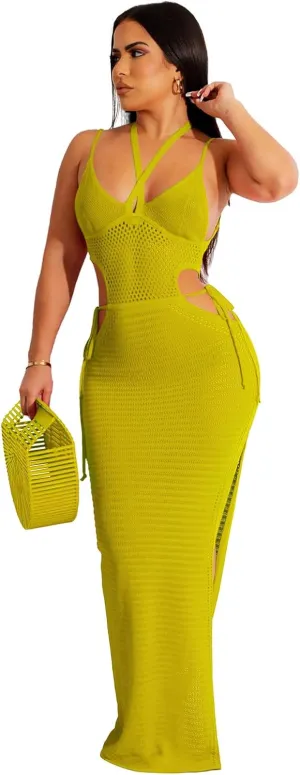 Women's Sexy Sleeveless Transparent Camisole Dress, Charming lace Backless Outfit, Tassel Knit Dress, Nightclub bar
