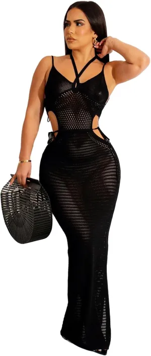 Women's Sexy Sleeveless Transparent Camisole Dress, Charming lace Backless Outfit, Tassel Knit Dress, Nightclub bar