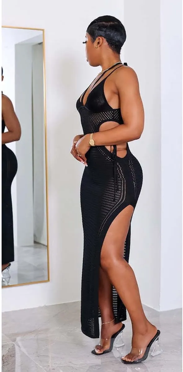 Women's Sexy Sleeveless Transparent Camisole Dress, Charming lace Backless Outfit, Tassel Knit Dress, Nightclub bar