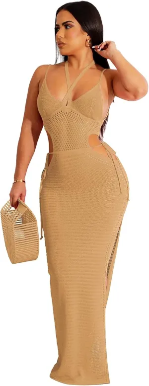 Women's Sexy Sleeveless Transparent Camisole Dress, Charming lace Backless Outfit, Tassel Knit Dress, Nightclub bar