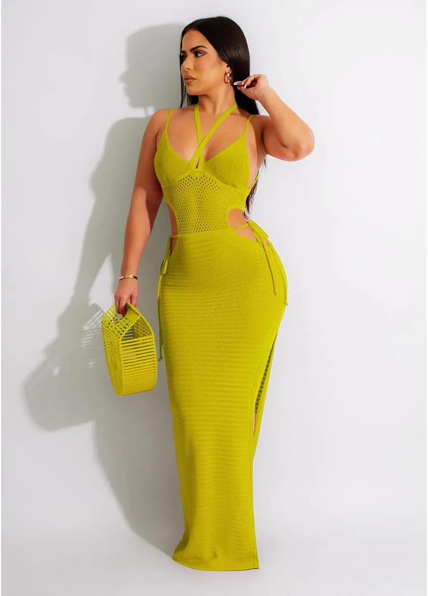 Women's Sexy Sleeveless Transparent Camisole Dress, Charming lace Backless Outfit, Tassel Knit Dress, Nightclub bar