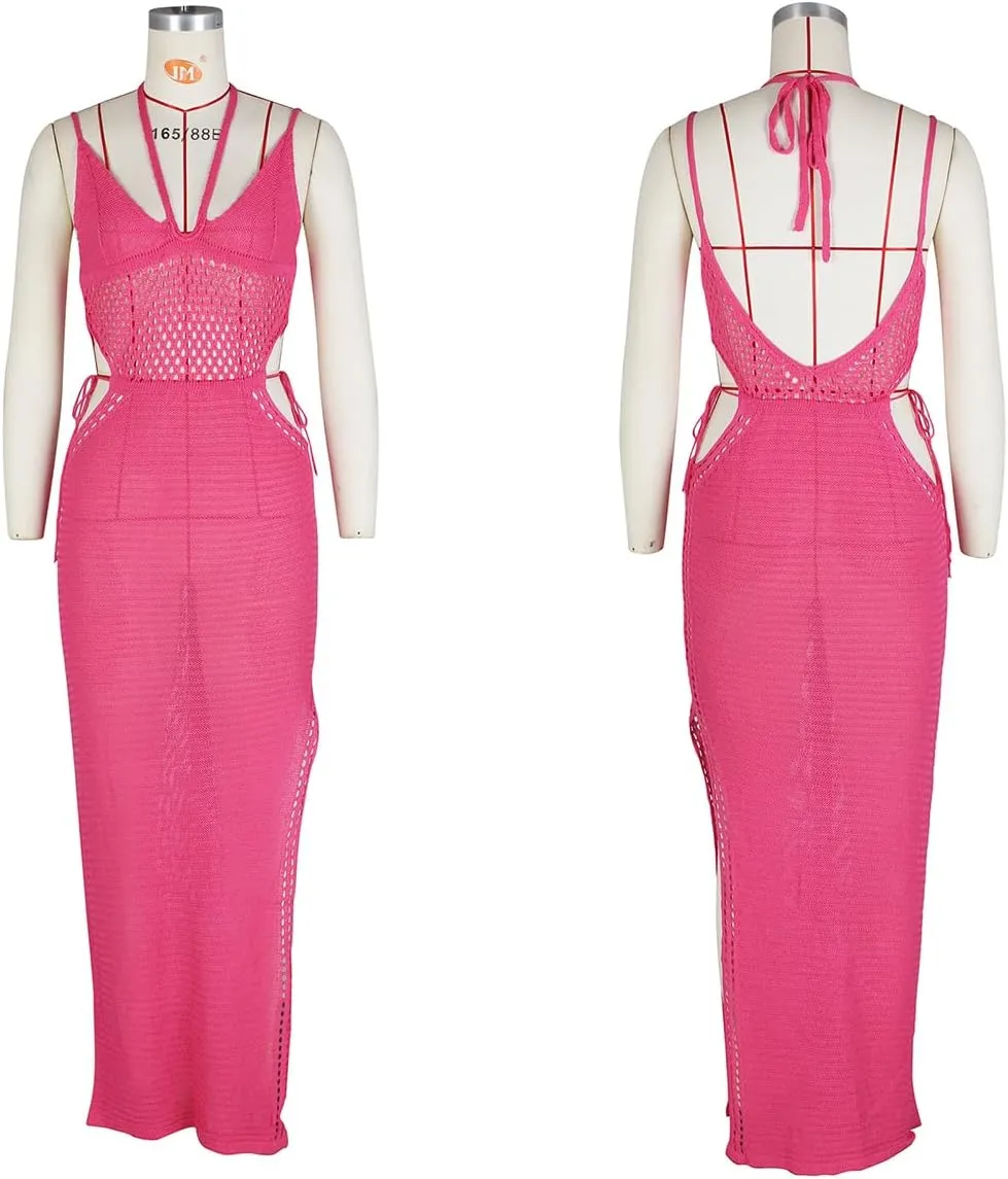Women's Sexy Sleeveless Transparent Camisole Dress, Charming lace Backless Outfit, Tassel Knit Dress, Nightclub bar