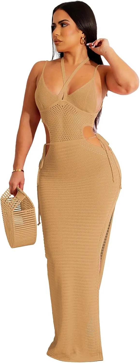 Women's Sexy Sleeveless Transparent Camisole Dress, Charming lace Backless Outfit, Tassel Knit Dress, Nightclub bar