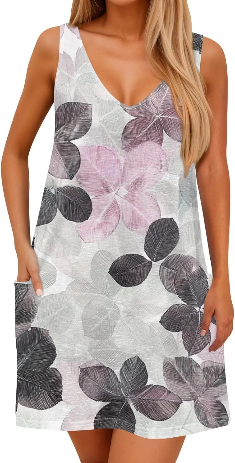 Women's Sleeveless Floral Print Summer Dress Casual Loose Fit Beach Summer with V-Neckline and Colors