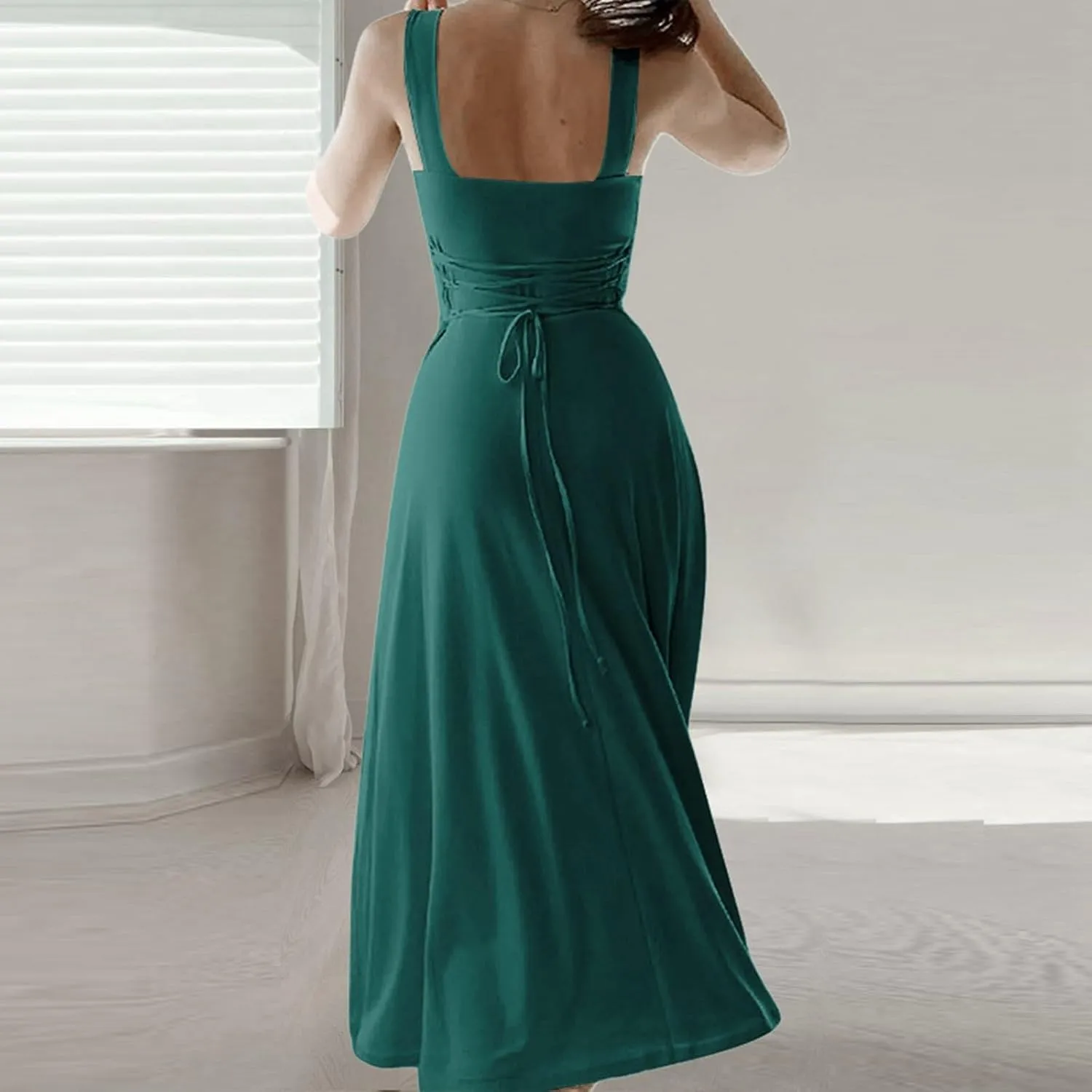 Womens Sleeveless V Neck Dress with Pocket Summer Beach Midi Flared Tank Dress Flowy Long Dress Beach Swing Party Maxi Dress