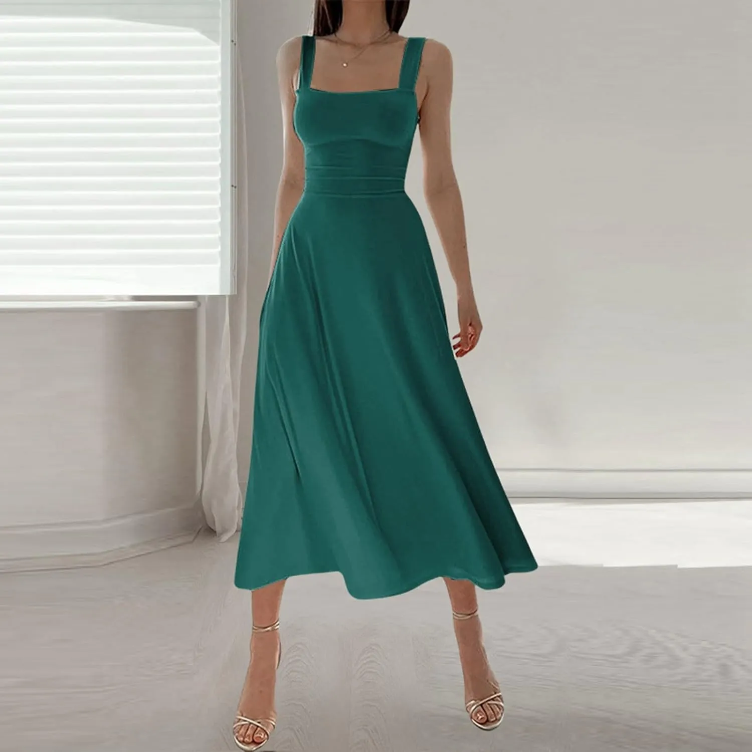 Womens Sleeveless V Neck Dress with Pocket Summer Beach Midi Flared Tank Dress Flowy Long Dress Beach Swing Party Maxi Dress