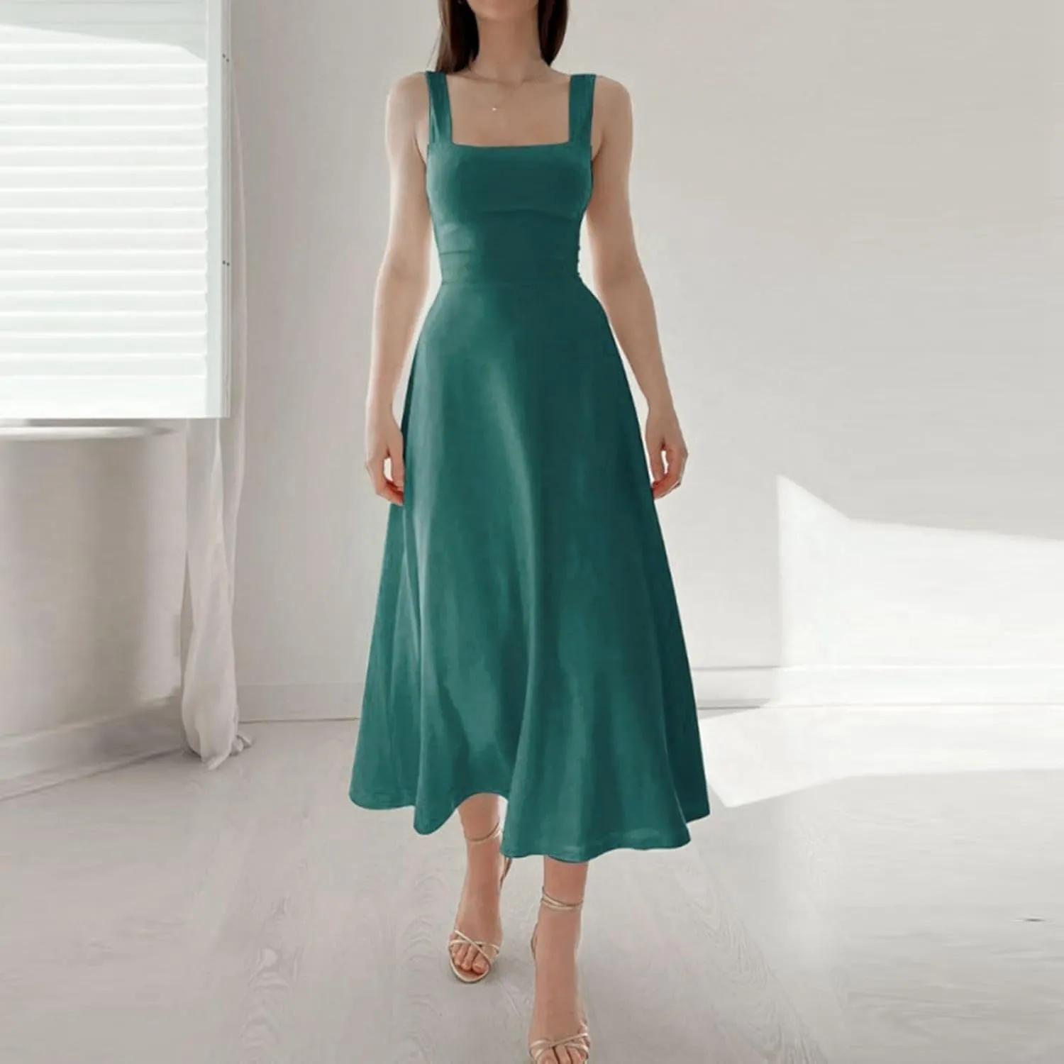 Womens Sleeveless V Neck Dress with Pocket Summer Beach Midi Flared Tank Dress Flowy Long Dress Beach Swing Party Maxi Dress