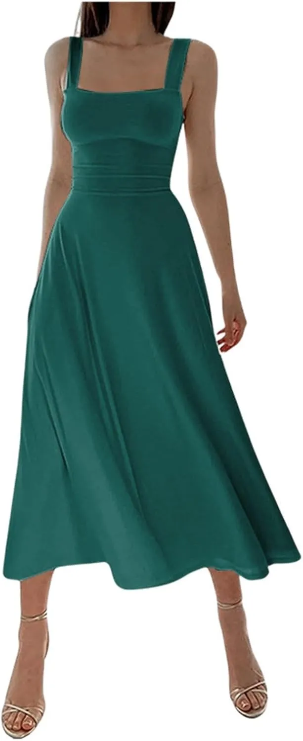Womens Sleeveless V Neck Dress with Pocket Summer Beach Midi Flared Tank Dress Flowy Long Dress Beach Swing Party Maxi Dress