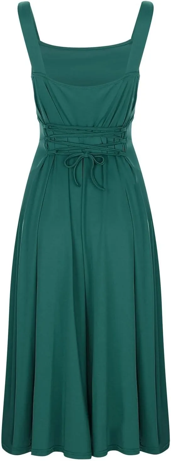 Womens Sleeveless V Neck Dress with Pocket Summer Beach Midi Flared Tank Dress Flowy Long Dress Beach Swing Party Maxi Dress