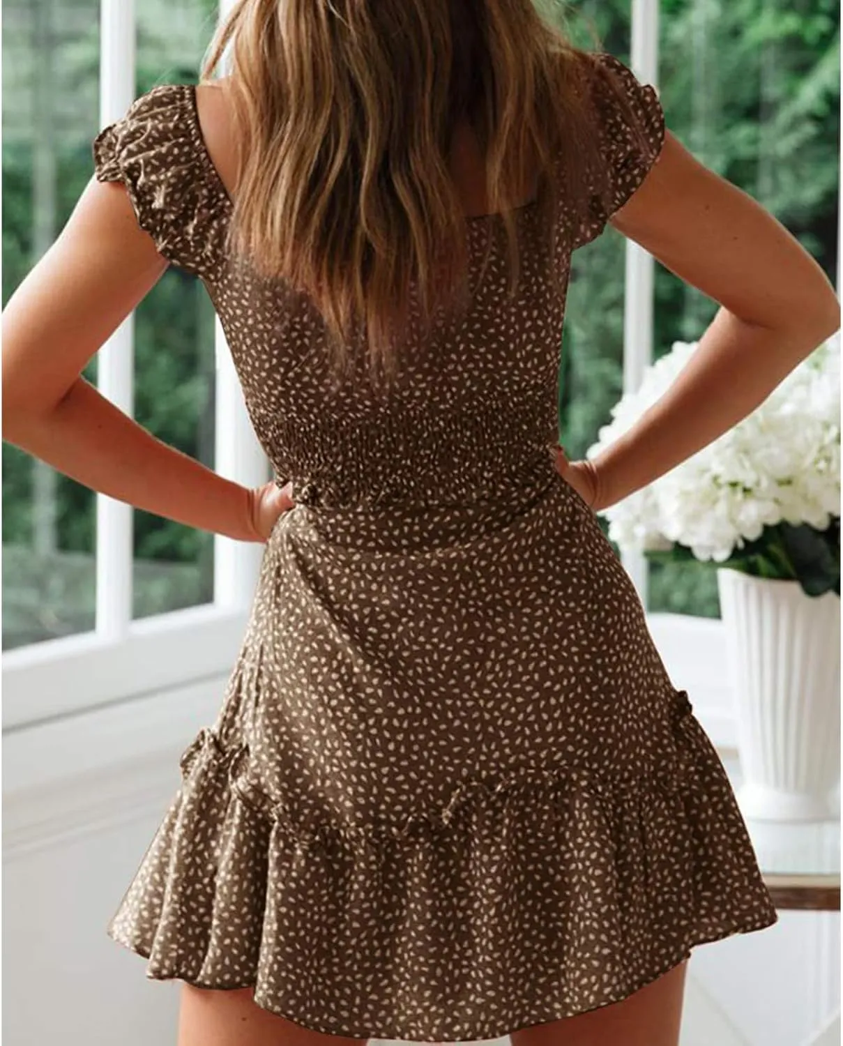 Womens Smocked Dress Summer Boho Floral Square Neck Short Sleeve Ruffle Mini Dress Casual Beach Vacation Dresses