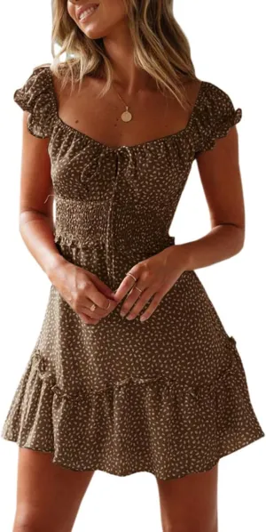 Womens Smocked Dress Summer Boho Floral Square Neck Short Sleeve Ruffle Mini Dress Casual Beach Vacation Dresses