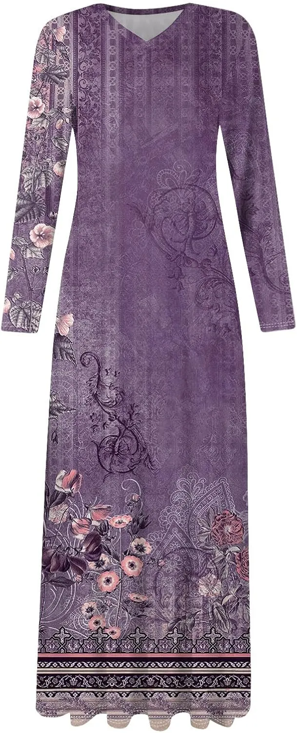 Women's Spring Pretty Sexy Long Sleeve Floral Print Dress Formal V-Neck Long Dresses