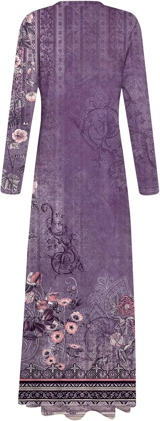 Women's Spring Pretty Sexy Long Sleeve Floral Print Dress Formal V-Neck Long Dresses