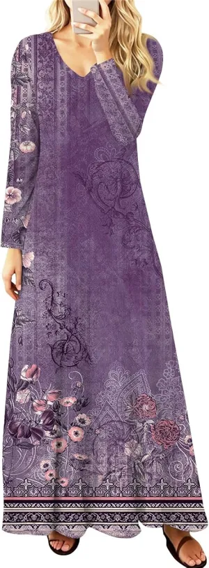 Women's Spring Pretty Sexy Long Sleeve Floral Print Dress Formal V-Neck Long Dresses