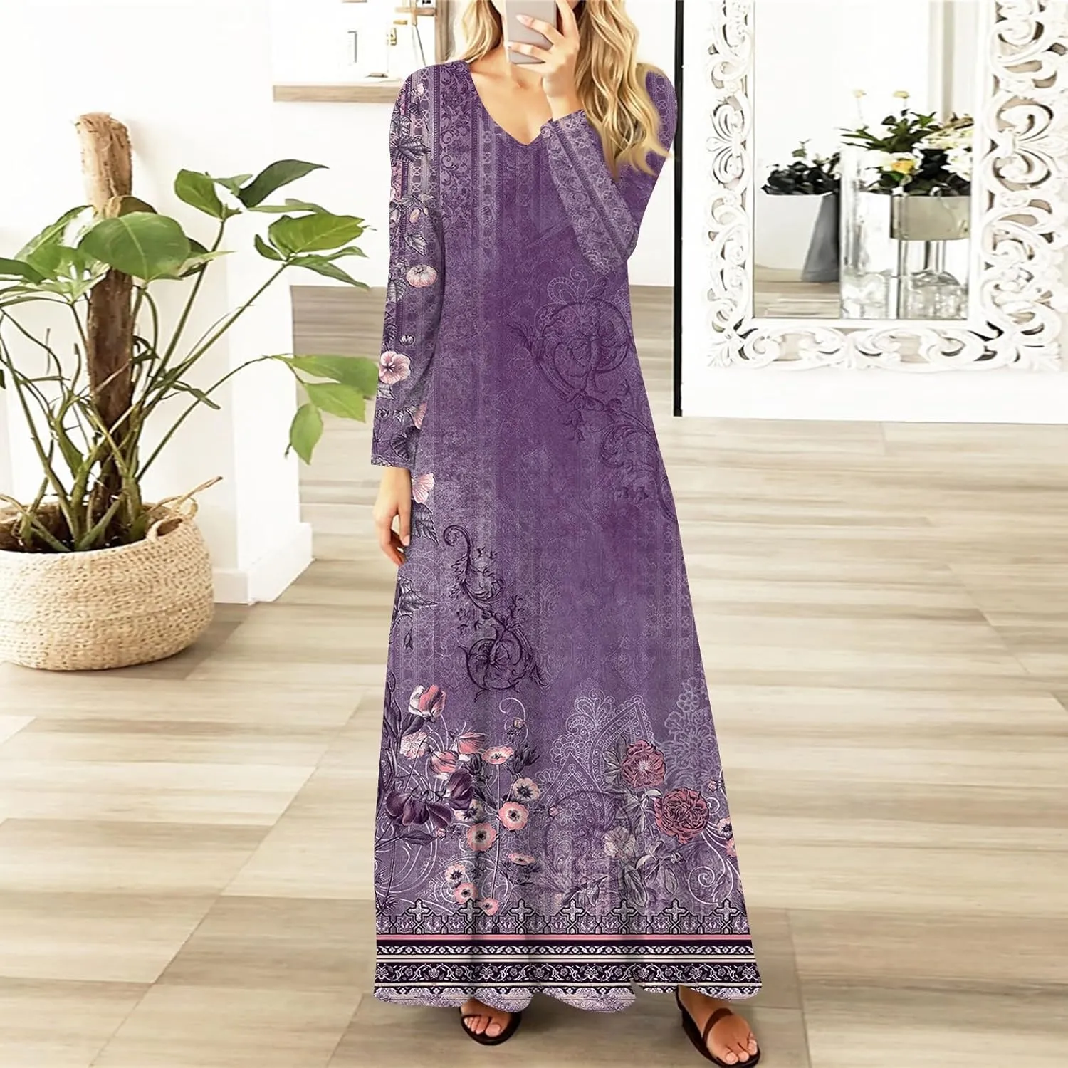 Women's Spring Pretty Sexy Long Sleeve Floral Print Dress Formal V-Neck Long Dresses