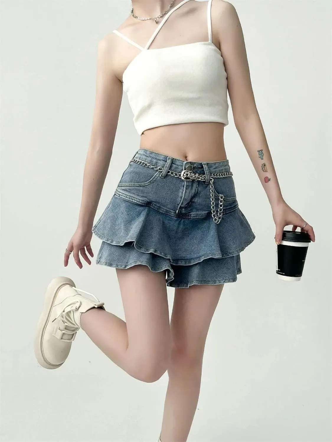 Women's Stretch High Waisted Slim A Line Cake Skirts Anti Slip Double Ruffles Hem Denim Mini Skirt