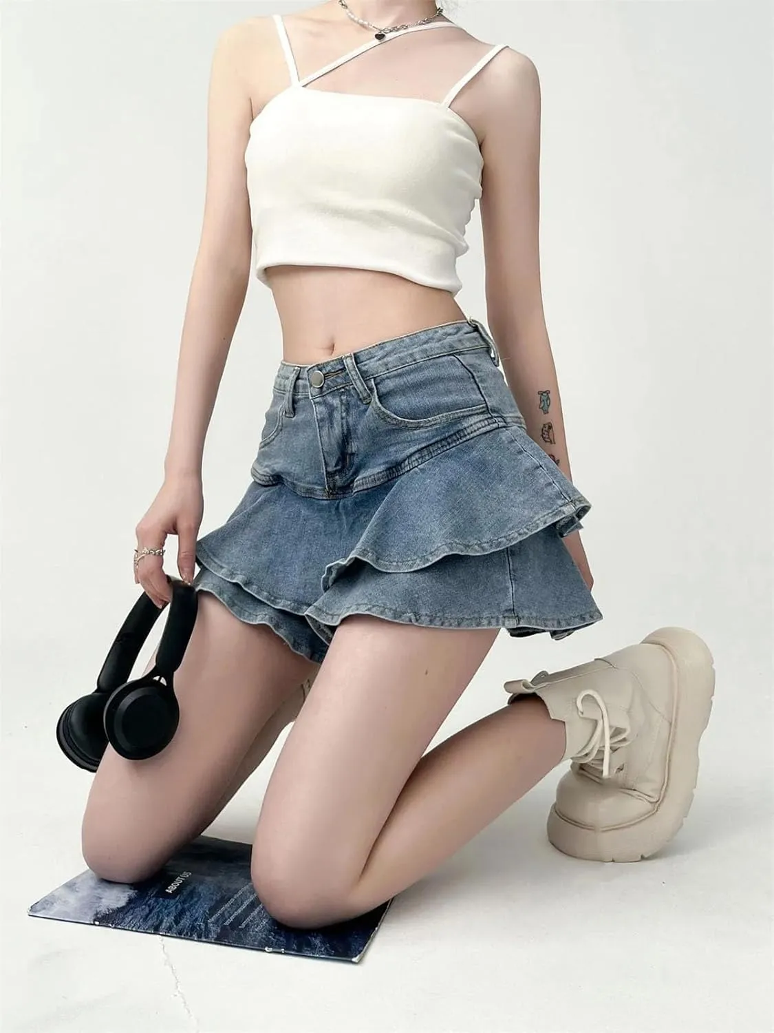 Women's Stretch High Waisted Slim A Line Cake Skirts Anti Slip Double Ruffles Hem Denim Mini Skirt