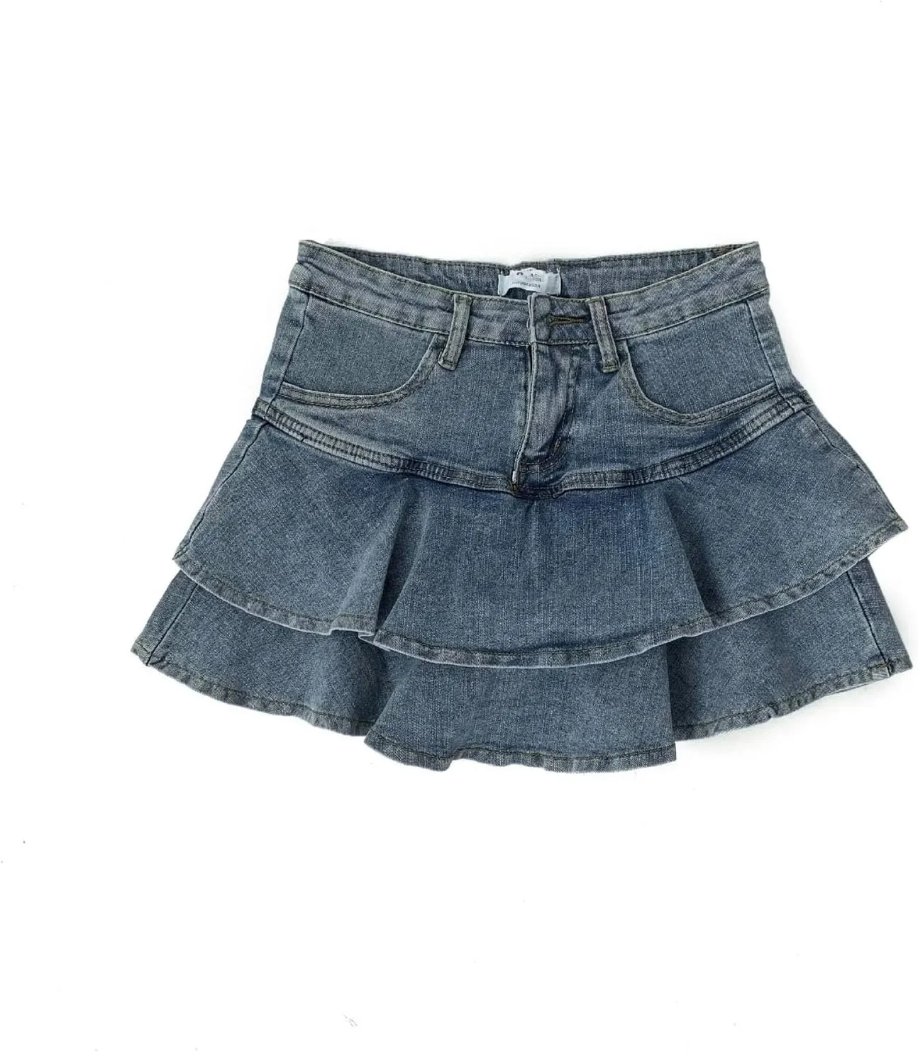 Women's Stretch High Waisted Slim A Line Cake Skirts Anti Slip Double Ruffles Hem Denim Mini Skirt