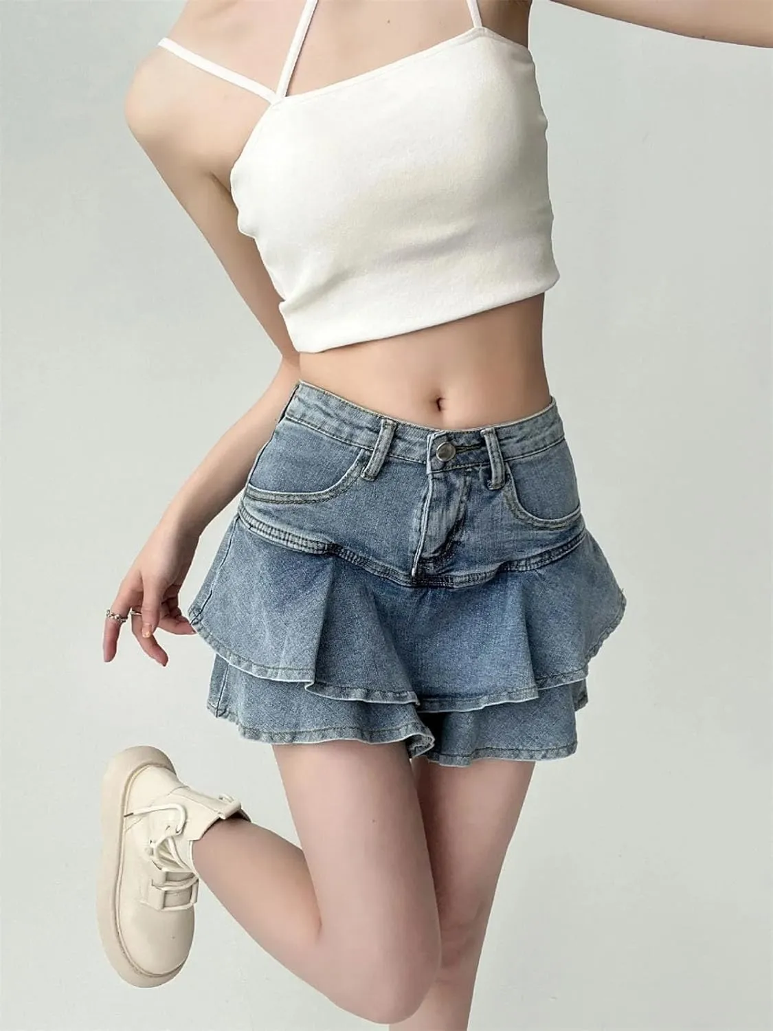 Women's Stretch High Waisted Slim A Line Cake Skirts Anti Slip Double Ruffles Hem Denim Mini Skirt