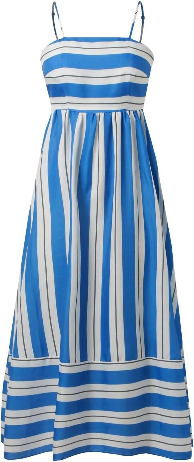 Women's Striped Back Smocked Maxi Dress Sexy Spaghetti Strap Cut Out Flowy Swing Long Dress Going Out A Line Casual Sundress