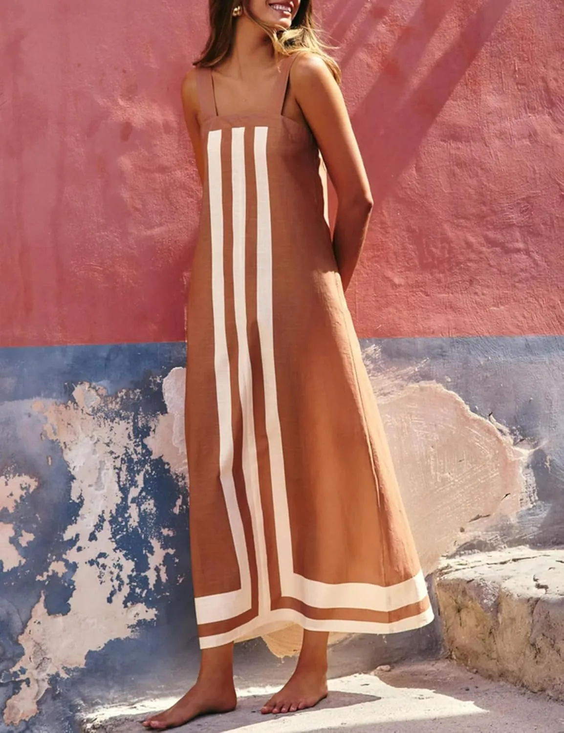 Womens Striped Maxi Dress Summer Boho Color Bock Square Neck Sleeveless Tank Shift Sundress Beach Overall Long Dress