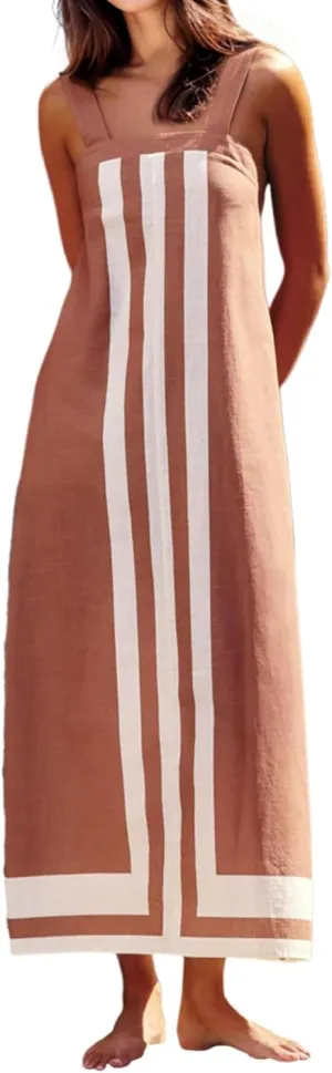 Womens Striped Maxi Dress Summer Boho Color Bock Square Neck Sleeveless Tank Shift Sundress Beach Overall Long Dress