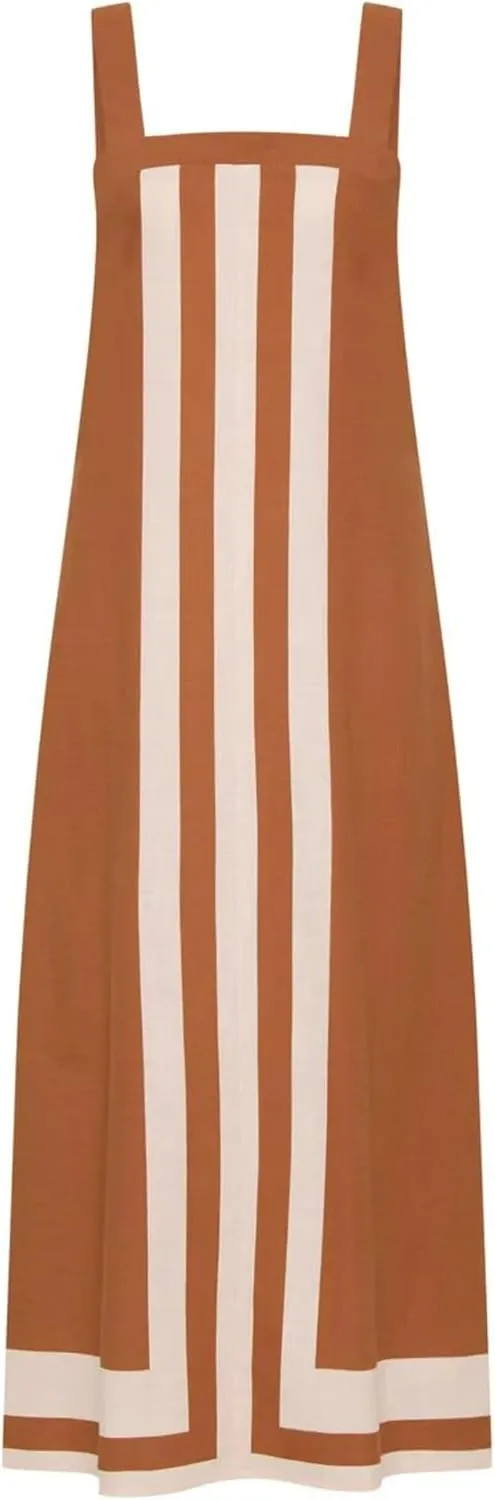Womens Striped Maxi Dress Summer Boho Color Bock Square Neck Sleeveless Tank Shift Sundress Beach Overall Long Dress