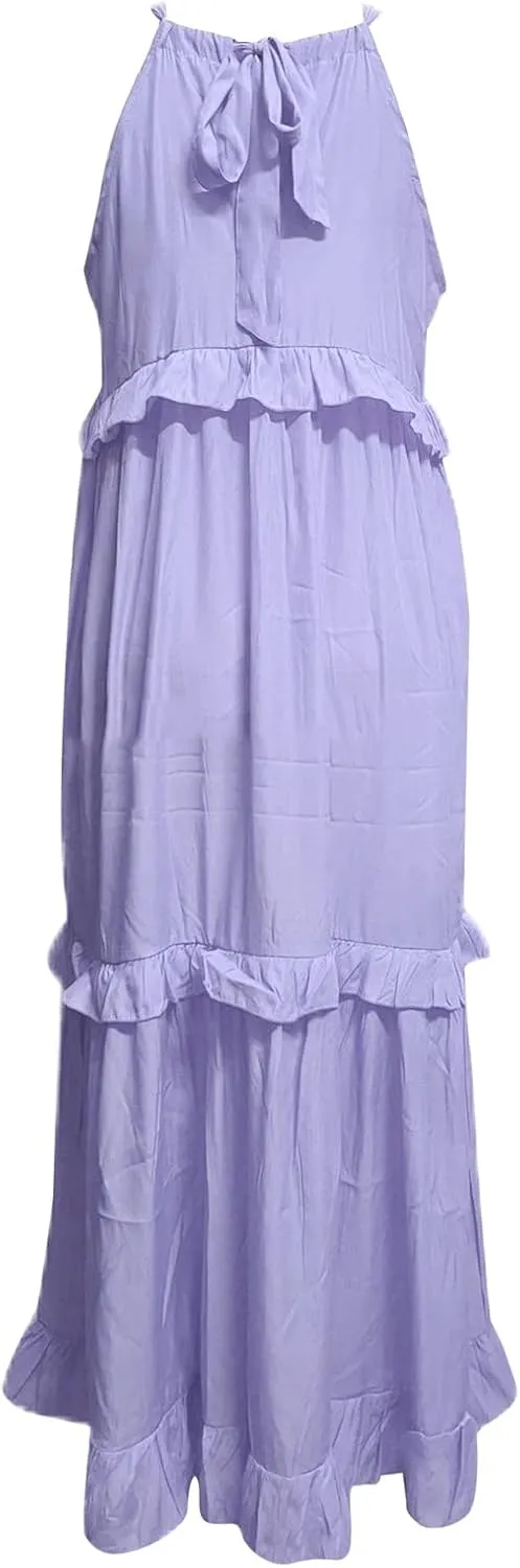 Womens Summer Cotton Sexy Backless Long Dresses Women Dresses Spaghetti Strap Scoop Neck Smocked Ruffle Flowy Boho Maxi Dress