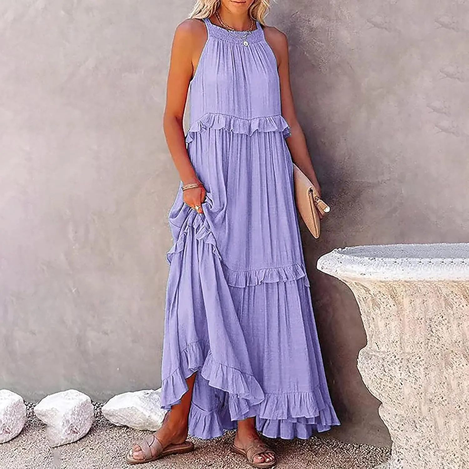 Womens Summer Cotton Sexy Backless Long Dresses Women Dresses Spaghetti Strap Scoop Neck Smocked Ruffle Flowy Boho Maxi Dress