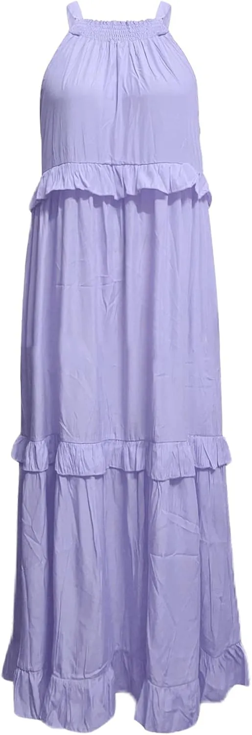 Womens Summer Cotton Sexy Backless Long Dresses Women Dresses Spaghetti Strap Scoop Neck Smocked Ruffle Flowy Boho Maxi Dress