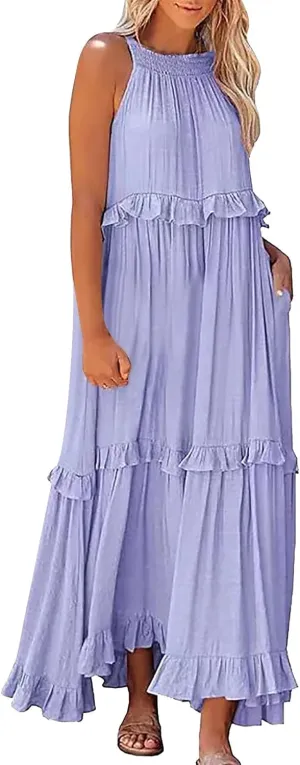 Womens Summer Cotton Sexy Backless Long Dresses Women Dresses Spaghetti Strap Scoop Neck Smocked Ruffle Flowy Boho Maxi Dress