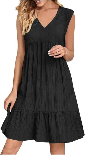 Womens Summer Dress Sleeveless V Neck Mini Dresses Fashion Casual Flowy Boho Ruffle A Line Swing Sundress 2025