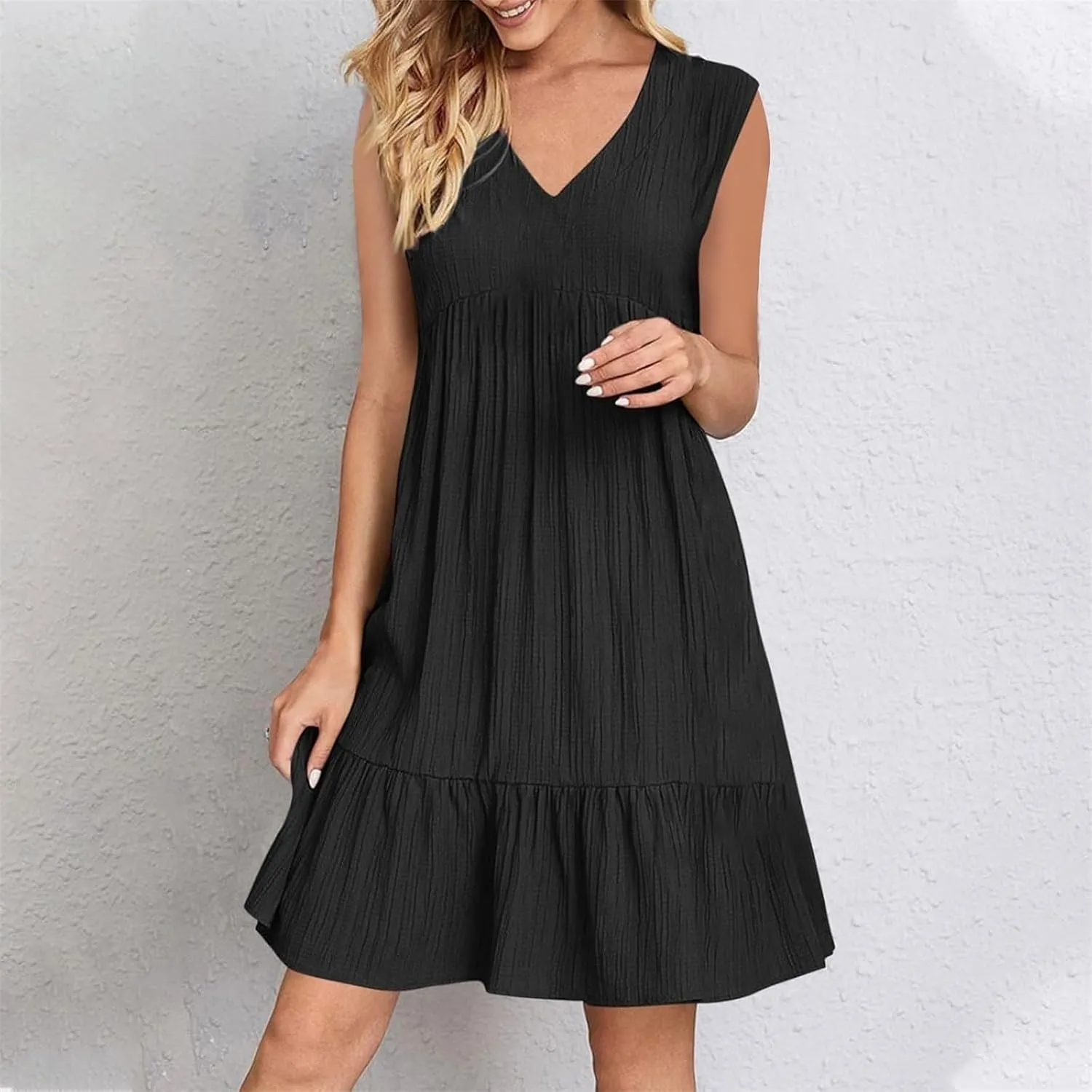 Womens Summer Dress Sleeveless V Neck Mini Dresses Fashion Casual Flowy Boho Ruffle A Line Swing Sundress 2025