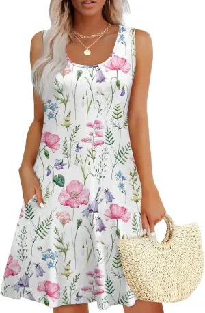 Womens Summer Dresses 2025 Beach Dresses Casual Sleeveless Floral Print Tank Sundress Loose Beach Dress with Pockets