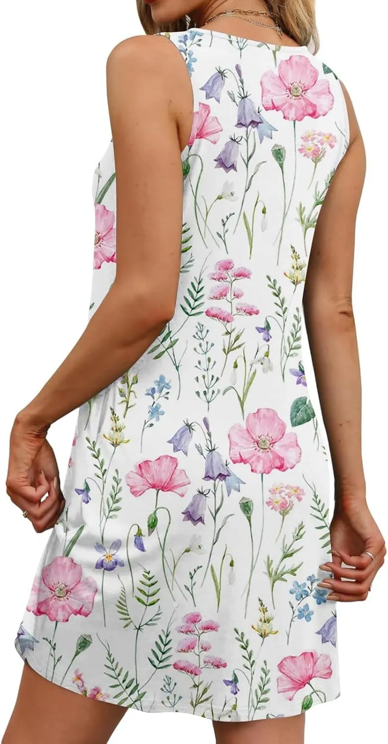 Womens Summer Dresses 2025 Beach Dresses Casual Sleeveless Floral Print Tank Sundress Loose Beach Dress with Pockets