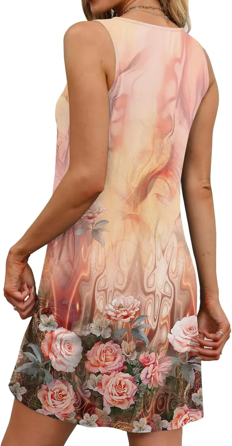 Womens Summer Dresses 2025 Beach Dresses Casual Sleeveless Floral Print Tank Sundress Loose Beach Dress with Pockets
