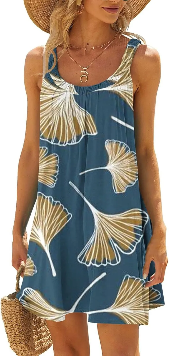Womens Summer Dresses Bohemian Floral Tank Beach Halter Dress Casual Sleeveless Flowy Vacation Tshirt Sundresses