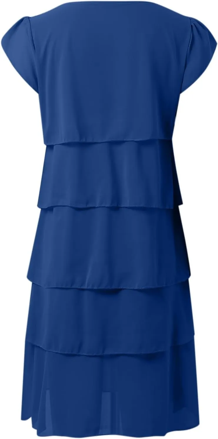 Womens Summer Dresses Casual Layered Ruffles Round Neck Elegant Floral Print Evening Dress Short Sleeve Mini Dress